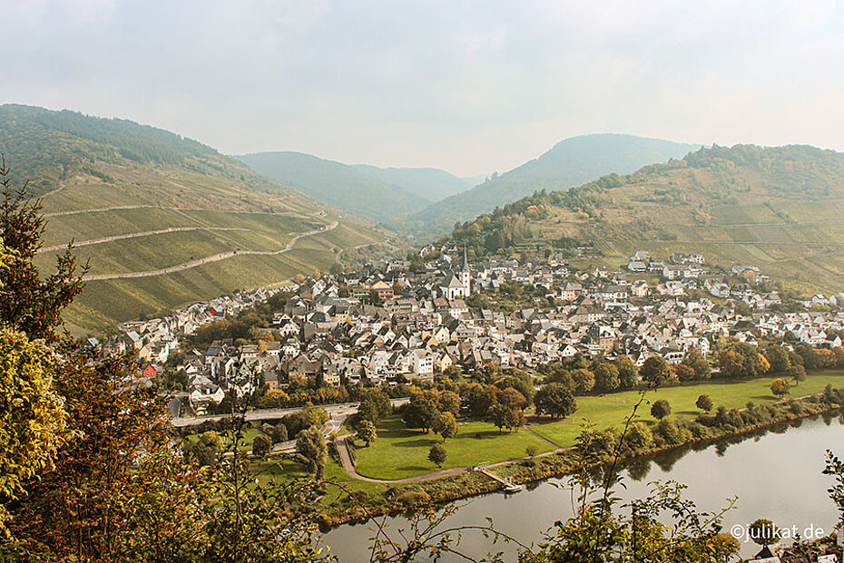 Winzerdorf an der Mosel in hügeliger Landschaft