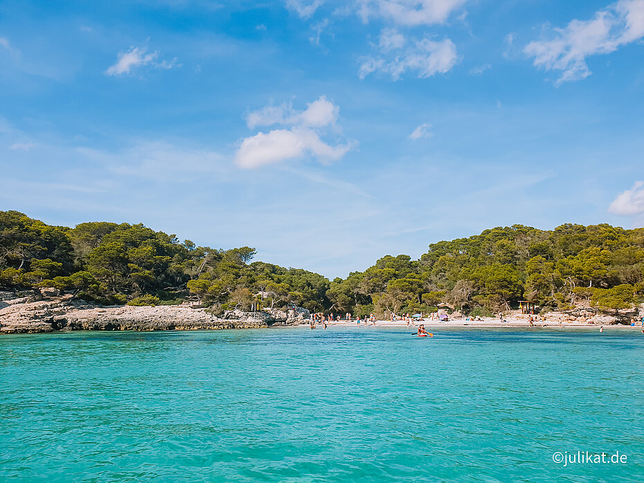 Türkisenes Wasser umgibt die Strandbucht vor grünem Pinienwäldern.